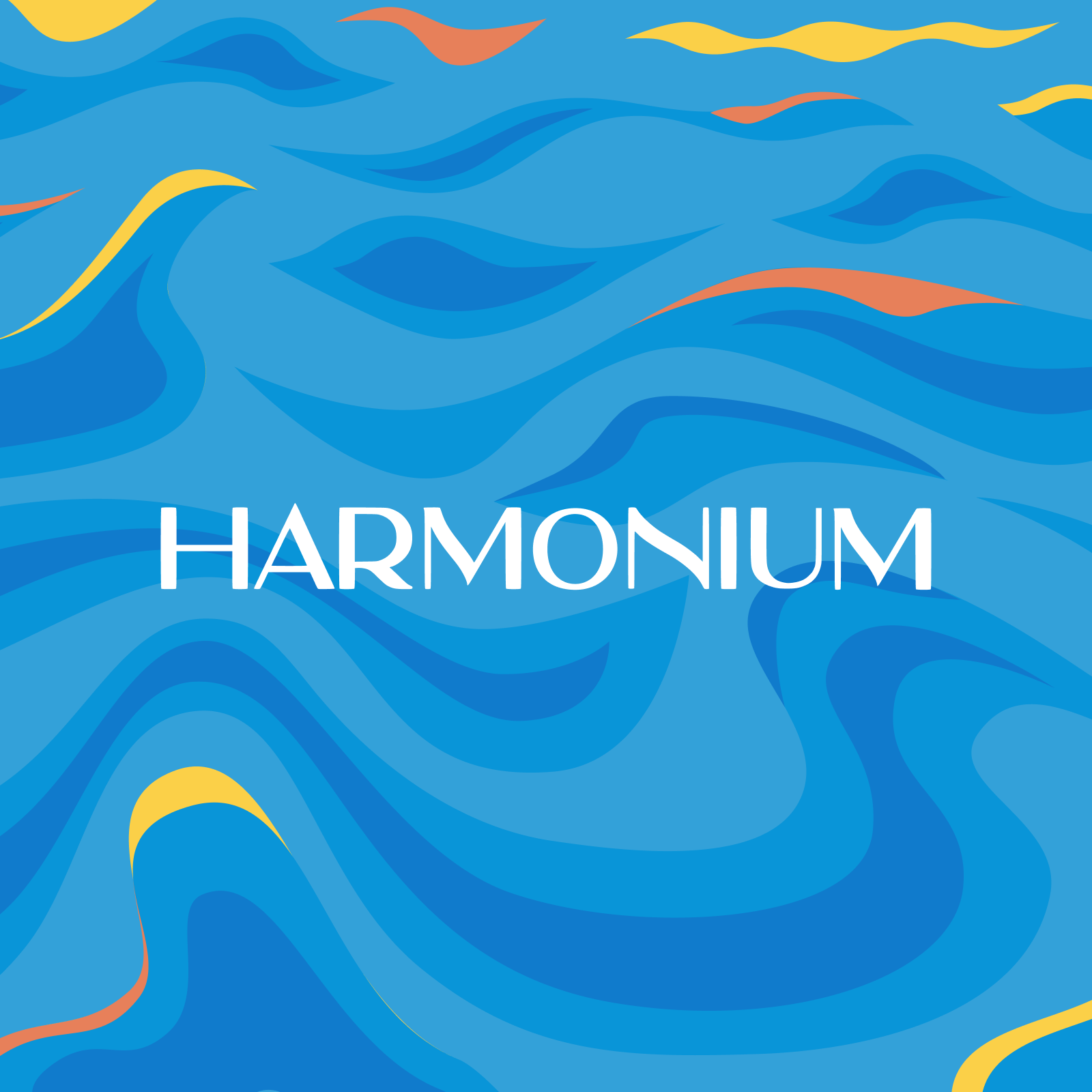 Harmonium logo against a background of blue illustrated waves with yellow and orange accents