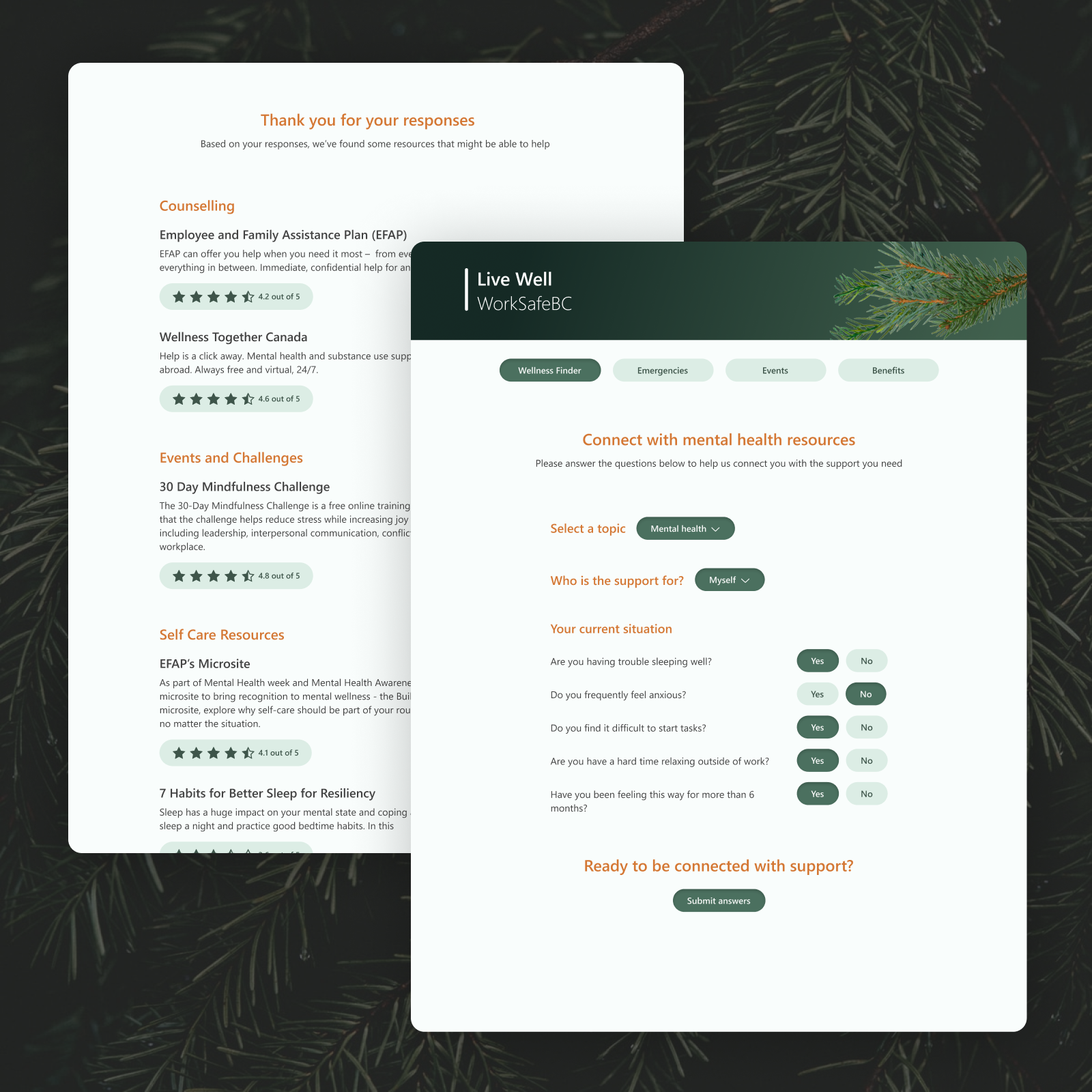 Two overlapping desktop screens showing a wellness & mental health resources web app for WorkSafeBC. The screens show a self assessment tool that pairs users with appropriate resources.