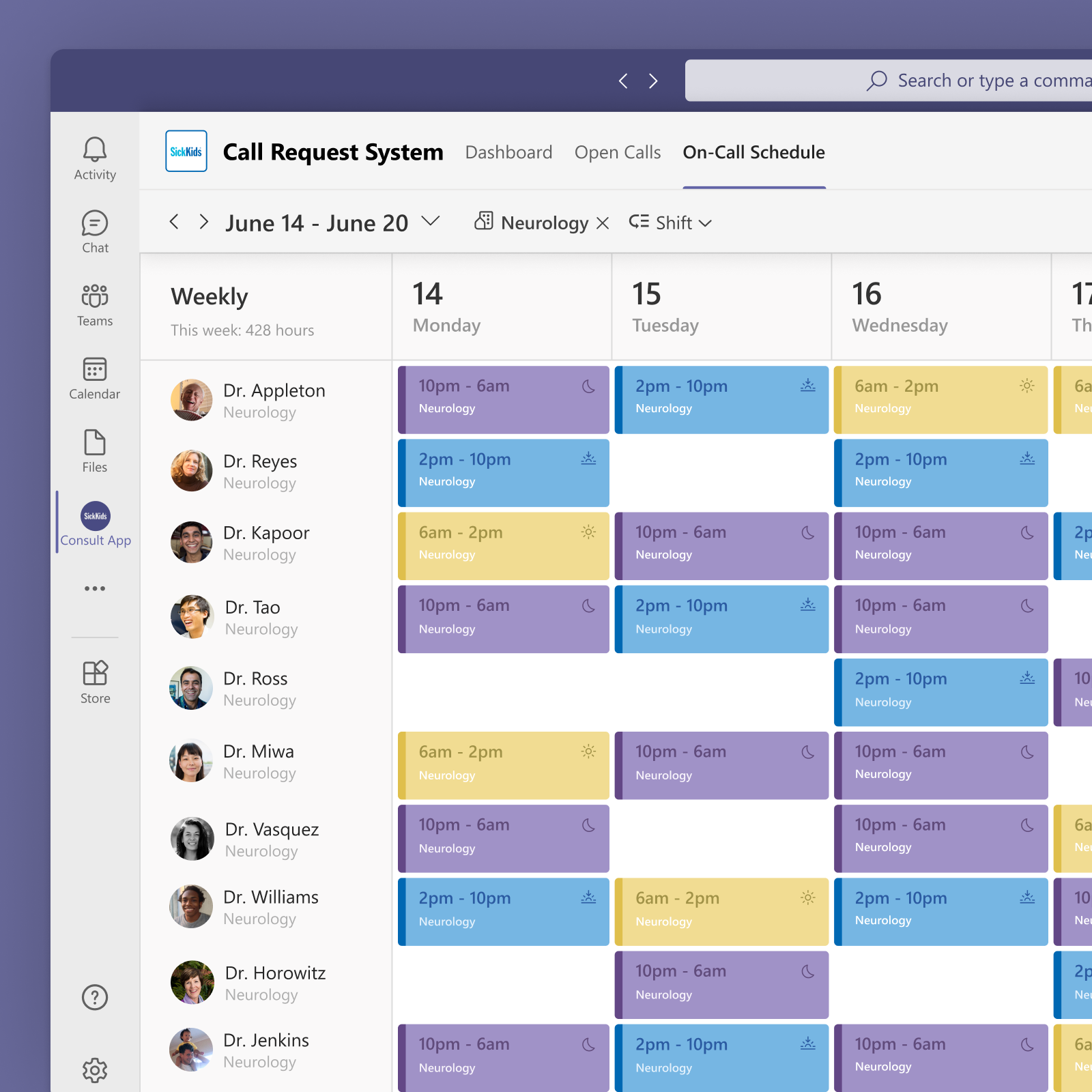 Closeup screenshot of an on-call scheduling app for Sick Kids Hospital that's running inside of Microsoft Teams.